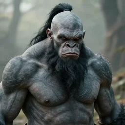 a d & d portrait of a fierce gray - skinned goliath with face tattoos, sides of head shaved with black ponytail, black beard, art by deiv calviz, splash art, natural light, fantasy, atmospheric lighting, by greg rutkowski, hd wallpaper, ultra high details, cinematic composition, professional unique masterpiece