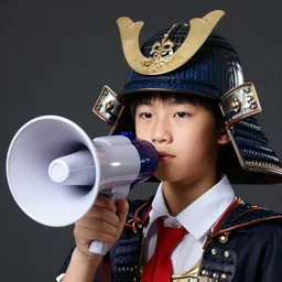 medium close up shot of an asian school boy wearing samurai head gear, a megaphone on his right hand, dark studio background, softlight, photorealistic, art by artgerm and greg rutkowski