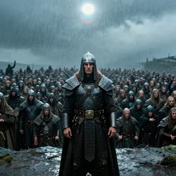 a sardaukar standing in front of a large group of people under the rain | still frame from the arrival movie by alejandro jodorowsky with cinematogrophy of christopher doyle and art direction by hans giger, ultra wide 1 2 mm lens, anamorphic lens flares, 8 k, sharp focus