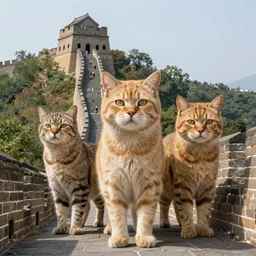 Giant cats are taking over the Great Wall of China, photorealistic, highly detailed, midday