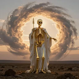golden skeleton saint with warm backlight, full body, white robe. background: whirlpool of clouds forming a ring. sunset light. barren land beneath. apocalyptic. rembrandt style