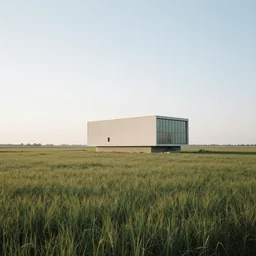 A serene landscape with a singular building in the style of Contemporary art