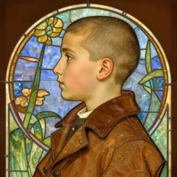 beautiful and detailed portrait of a lebanese man, profile view, side view, 4 5 years old, brown coat, shaved head, slight stubble, stained glass art, by alphonse mucha, brown background, very masterful