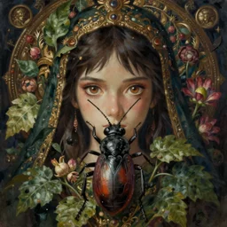 breathtaking detailed concept art painting of the goddess of bugs, orthodox saint, with anxious, piercing eyes, ornate background, amalgamation of leaves and flowers, by Hsiao-Ron Cheng, James jean, Miho Hirano, Hayao Miyazaki, extremely moody lighting, 8K