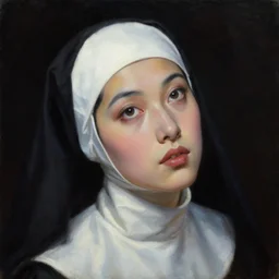 hyperrealism oil painting, complete darkness background, close - up face portrait from above, nun fashion model looking up, in style of classicism mixed with 8 0 s sci - fi japanese books art