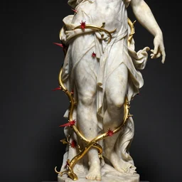 greek godness sculpture, marble and brass, gold vines and red spines