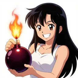 anime girl holding cherry bomb, bomb fuse lit, flaming fuse, anime girl smiling, grinning, looney tunes, slapstick, art by artgerm