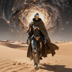a cyborg dressed in a large cloak walking through a dangerous desert, close up, fractal sky, made by moebius, jean giraud & kilian eng moebiues style