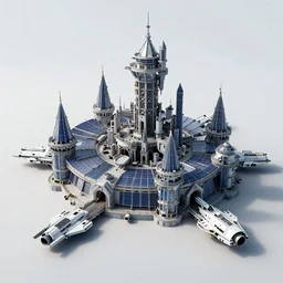an orbital castle made of vast solar panels, spaceships designed by James Cameron dock in the castle\'s many bays, a blue-green planet looms below, a supernova stretches in the background through the dark of space, digital art in the style of a Spectrum collection of contemporary fantasy art