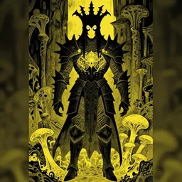 black and yellow flat color, artgerm, joshua middleton, mucha, beksinski, moebius, heavy metal comic cover art, psychedelic triangular skeletal calcification fungus lich in darkiron spike armor, full body, hollow eyes, symmetrical face, long black crown, in a dungeon background, moody dark colors
