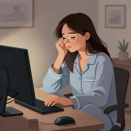 girl in pyjamas sitting at computer, rings around tired eyes, early morning, digital art, drawing, artstation