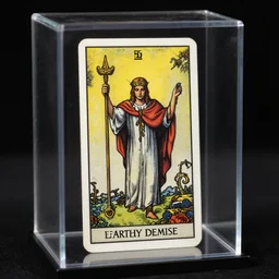 The tarot card of earthly demise, showcased inside a glass box, uncropped, 8k, highly detailed, commission, concept art, contest winner.
