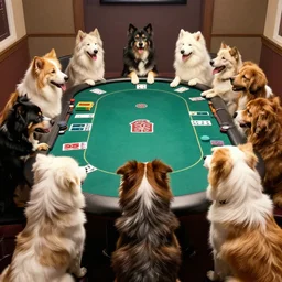 7 dogs sitting around a poker table, two of which are turning away.