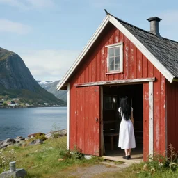 simon stalenhag. composition : long shot. style : digital art ; concept ; mysterious ; 4 k. scenery : a sunny fjord with a lone gabled roof red barn. subject : a young woman with long black hair wearing a white dress. action : the woman is hiding inside the barn.