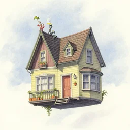 ultra detailed digital pencil and watercolors and illustration of house flying in sky by wes anderson, tim burton, tomm moore, jean pierre jeunet ; 4 k 8 k hd high resolution ;