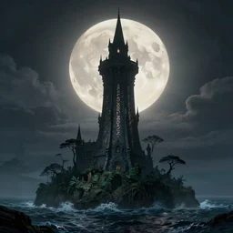 A hyper realistic matte painting of a massive wizard\'s tower silhouetted against a huge moon.  The tower is situated on an island in a tumultuous ocean.  The tower has glowing engraved runes and dark windows an ominous sky an eerie jungle at twilight by michael whelan, keith parkinson, James Gurney and Gregory Crewdson. Subject in view, golden ratio composition, moody volumetric lighting, very wide shot, f11:10, trending on artstation and cgsociety