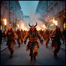 kodak portra 4 0 0, macro, award winning dynamic vivid atmospheric photograph of hundreds of hazardous krampus, pelzebug, devils, by robert capas, in muted colours, striped orange and teal, motion blur, on a street in salzburg at night with colourful exploding pyro fire and torches, narrow shot, running fast towards the camera