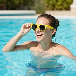 lemon wearing sunglasses playing in the pool