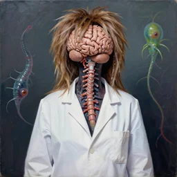 Papier Mache Biopunk Tina Turner conceals her brain and spinal interdimensional parasite whilst wearing a white labcoat acrylic painting edouard riou ruan jia greg rutkowski achille beltrame