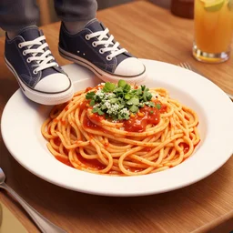 spaghetti with sneakers on a plate restaurant artstation digital art high detail