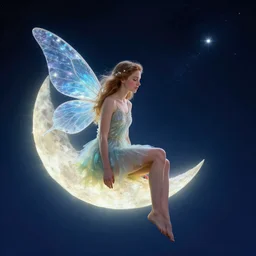 a fairy sitting on a small moon, digital art, trending on artstation, hdr, by thomas kinkade and albert bierstadt, fantasy art