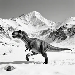 tyrannosaurus inside a valley, snowy peaks, in the style of ansel adams, black and white, old, master photography