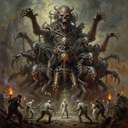 oil paint of 1 1 horrifying machines as autolysis tiered by rank grave gods, medics battle, by wayne d barlowe, boris vallejo, stefano tamburini, torch light, muted colors, epic, hyper detailed, awe inspiring, award winning horror, hyper realism, cinematic