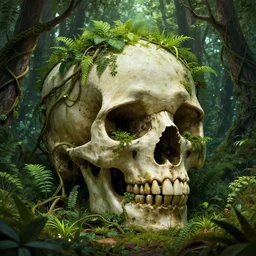 A massive overgrown skull in a forest with trees and plants growing on it, overgrown with lush plants, thick and dense vines, digital art, trending on Artstation