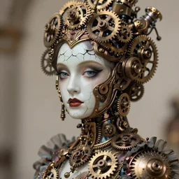 beautiful ornate mechanical victorian woman with a cracked porcelain face, steampunk, gears, intricate details, portrait, realistic octane render, shallow depth of field, 8k