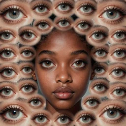 eyes!! a black girl with many eyes!, surreal art by colin christian and junji ito and anton semenov in a surreal portrait style, trypophobia! eyes, eyes everywhere, symmetry, eyes!, homicidal eyes, optical illusion, delicate and intricate, highly detailed, infinite intricacy, retrowave