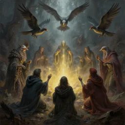 masterful fantastic realist painting of the enchanted summoning rituals of unusual moody birds wearing cloaks, weird perspective, digital painting trending on artstation, dynamic lighting, volumetric lighting and mist, hyperrealistic, octane render