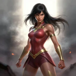 philippine darna superhero, perfect expression, digital painting, badass pose, smooth details, in the style by bosslogic and artgerm, rutkowski, highly detailed, sharp focus, photorealistic, cinematic, dramatic backlighting, smoke embers in the background, ominous, atmosphere, trending in artstation