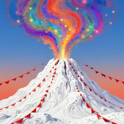 white lava, top of the mountain, red pennants, colorful dream, glowing lights, epic fantasy, colorfully, detailed illustration, digital art, highly saturated colors, overdetailed art, concept art, detailed illustration, hd, 4 k, digital art, greg rutkowski, dan mumford, studio ghibli trending on artstation