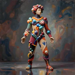 a sculpture of a man made out of balloons, a surrealist sculpture by elizabeth murray, behance, plasticien, biomorphic, made of beads and yarn, full body, octane render, reflection