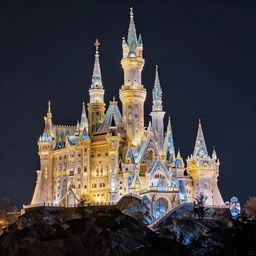 marvellous castle made of crystal and glass in a dark mountain during golden hour, detailed, intricate, glorious lighting, dark sky, stars, masterwork composition, cgsociety, thomas kinkade, strong presence
