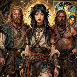 detailed ultrarealistic photography of cyberpunk rustic robust medieval hippie warrior japanese girl, brom, craig mullins, vallejo, moebius, ian miller, mucha cinematic, full shot
