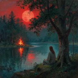 semi real, and semi surreal. it's like a blend of a dream and a flawed memory. it's a forest under a red sun. a god sits under a tree, watching over a mystical body of water. the back of the canvas has a red glow from a fire set in the isle.