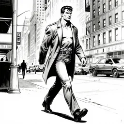 comic book image with a man walking on the street of new york, ink, black and white, art of jack kirby