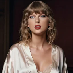 taylor swift with silk robe with decollete and bra | | big eyes, realistic shaded, pleasant face, fine details, realistic shaded lighting poster by greg rutkowski, artgerm, kyoto animation and alphonse mucha
