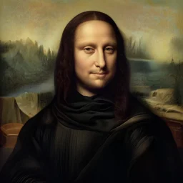 portrait of Benjamin Netanyahu in black garbs by Leonardo de Vinci, scenic background, black brown green color palette