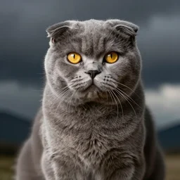 a scottish fold cat, grey fur, yellow eyes