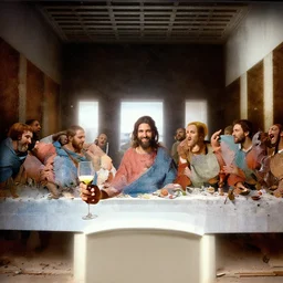 judas photo bombing the last supper holding a glass of wine smilng