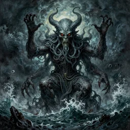 A beautifully detailed and creative painting of Cthulhu rising from the sea, by H.P. Lovecraft, surrounded by a stormy sea, by Zdzislaw Beksinski , trending on artstation, gothic, horror