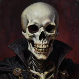 A very detailed horrifying portrait painting of the prince of death, occult patterned skin, bone teeth, occult, 8k, trending on artstation cgsociety, masterpiece, in the style of DiscoDiffusion.