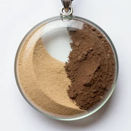 a beautiful circular pendant, one half made from sand and the other dirt, encapsuled in glass.