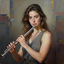 a portrait of a beautiful woman holding a flute, digital painting masterpiece, highly detailed, advanced lighting technology, hyperrealism, deep focus, abstract expressionism background, symmetry!, by david galopim, ashley lovett, santafung, artoftu, spadjm, robaato, raines - tu