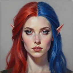 A detailed matte oil on canvas head on symmetrical portrait of a distinguished elven woman with half red and blue hair (((((makeup))))) and ((((eye shadow)))) by Charlie bowater and lise deharme wlop, trending on artstationhd,  dungeons and dragons art, critical role, split hair dye, half and half dye, two tone dye