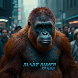 vfx film closeup, blade runner 2 0 4 9 orangutan in the city, flat color profile low - key lighting award winning photography arri alexa cinematography, big crowd, hyper real photorealistic cinematic beautiful, atmospheric cool colorgrade