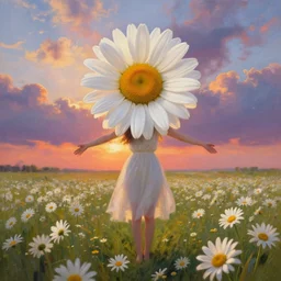 head made of giant daisies, girl standing barefoot in a flower field, arms stretched, surreal photography, sunrise dramatic light, impressionist painting, colorful clouds, large sky, digital painting, artstation, simon stalenhag, flower face