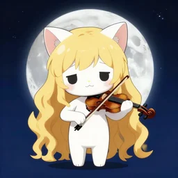 chibi, cute, melancholy, full body, cat girl with white skin and golden long wavy hair holding a violin and playing a song, stunning art style, filters applied, lunar time, night sky, trending art, sharp focus, centered, landscape shot, fate zero, simple background, studio ghibly makoto shinkai yuji yamaguchi, by wlop
